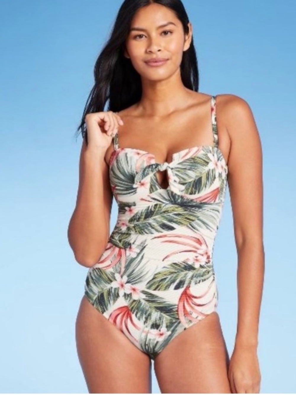 Kona Sol tropical floral tie front one piece bathing suit NWT size large